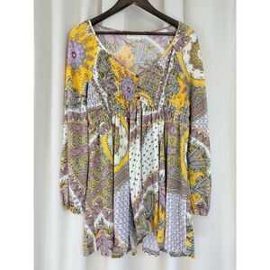 Melloday Patchwork Babydoll Smocked Bodice Mini Dress – Pink/Gold, Size M